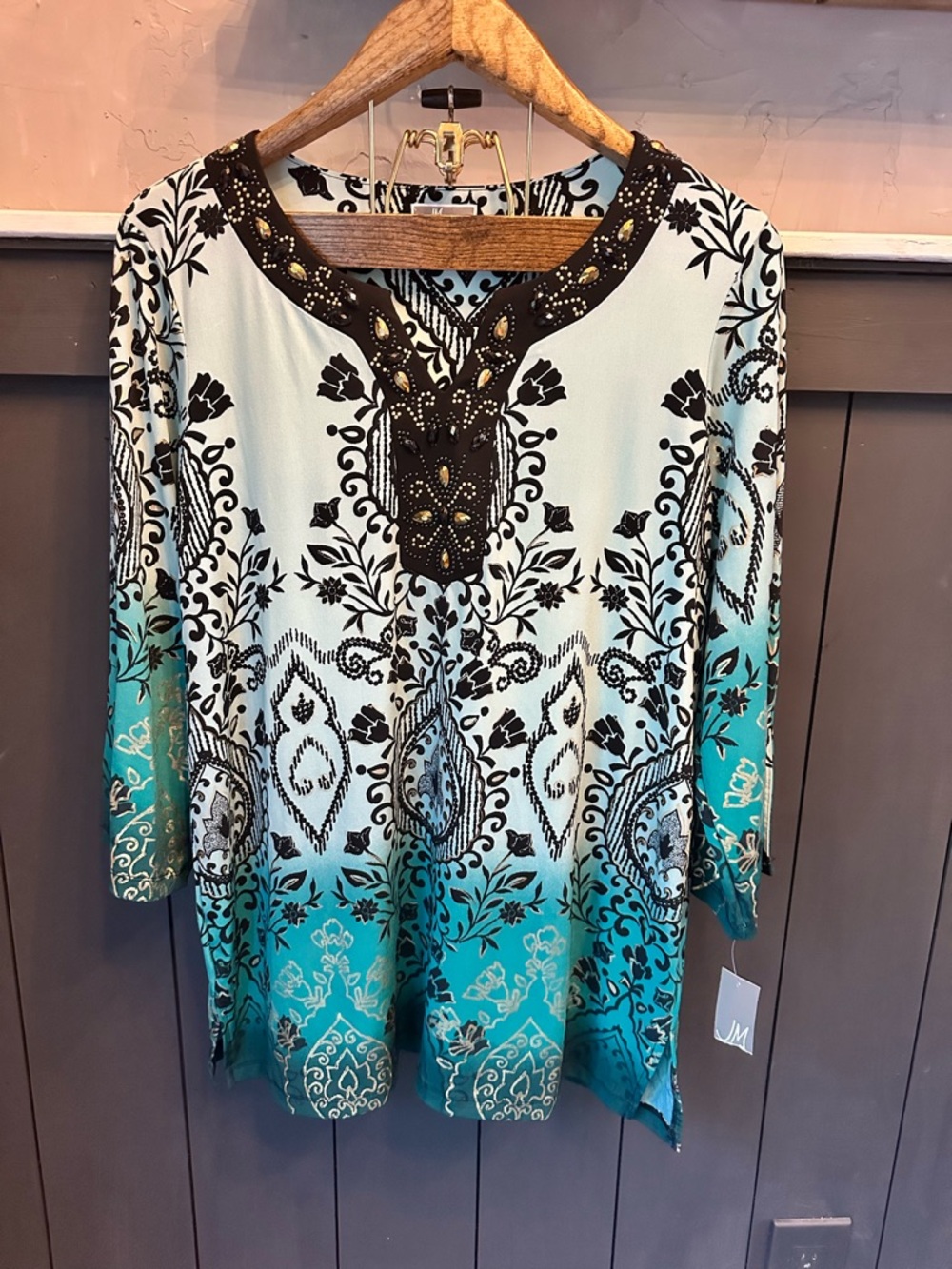 NEW JM Collection Beaded Blue Teal Black Floral Print Blouse Women's 1X
